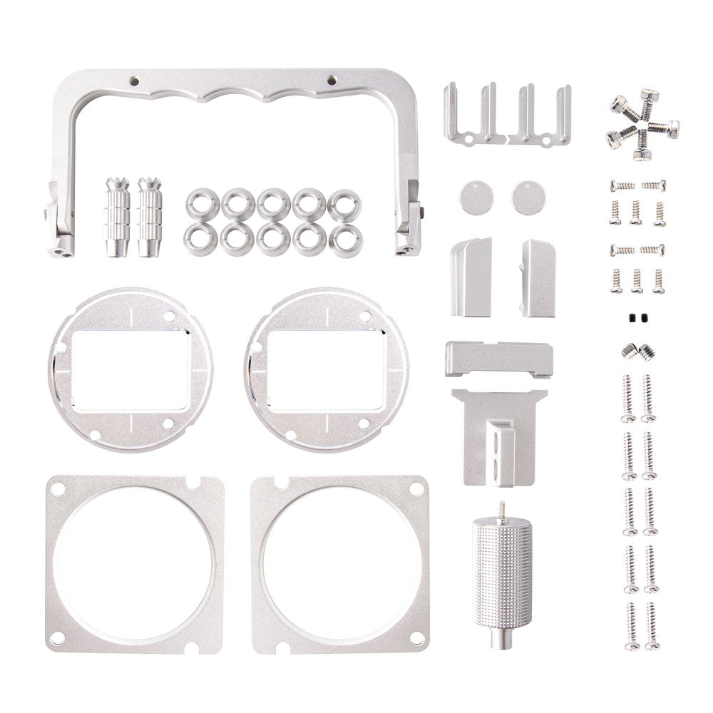 TX16S Mark II V4 CNC aluminum upgrade parts kit layout in silver, includes brackets, rings, screws and fittings