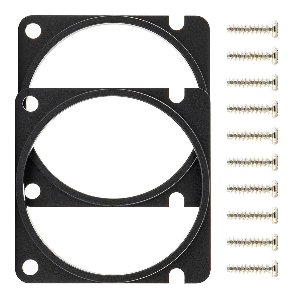 Gimbal CNC spacer rings with mounting screws, black anodized metal set on white background