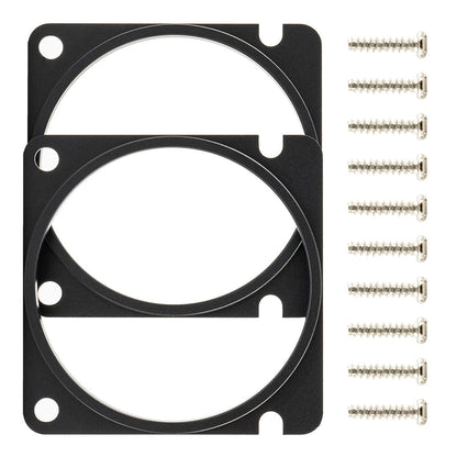 Gimbal CNC spacer rings with mounting screws, black anodized metal set on white background