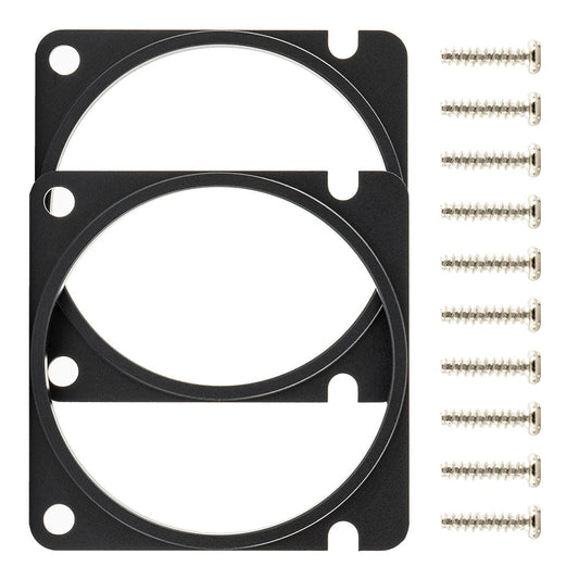 Gimbal CNC spacer rings with mounting screws, black anodized metal set on white background