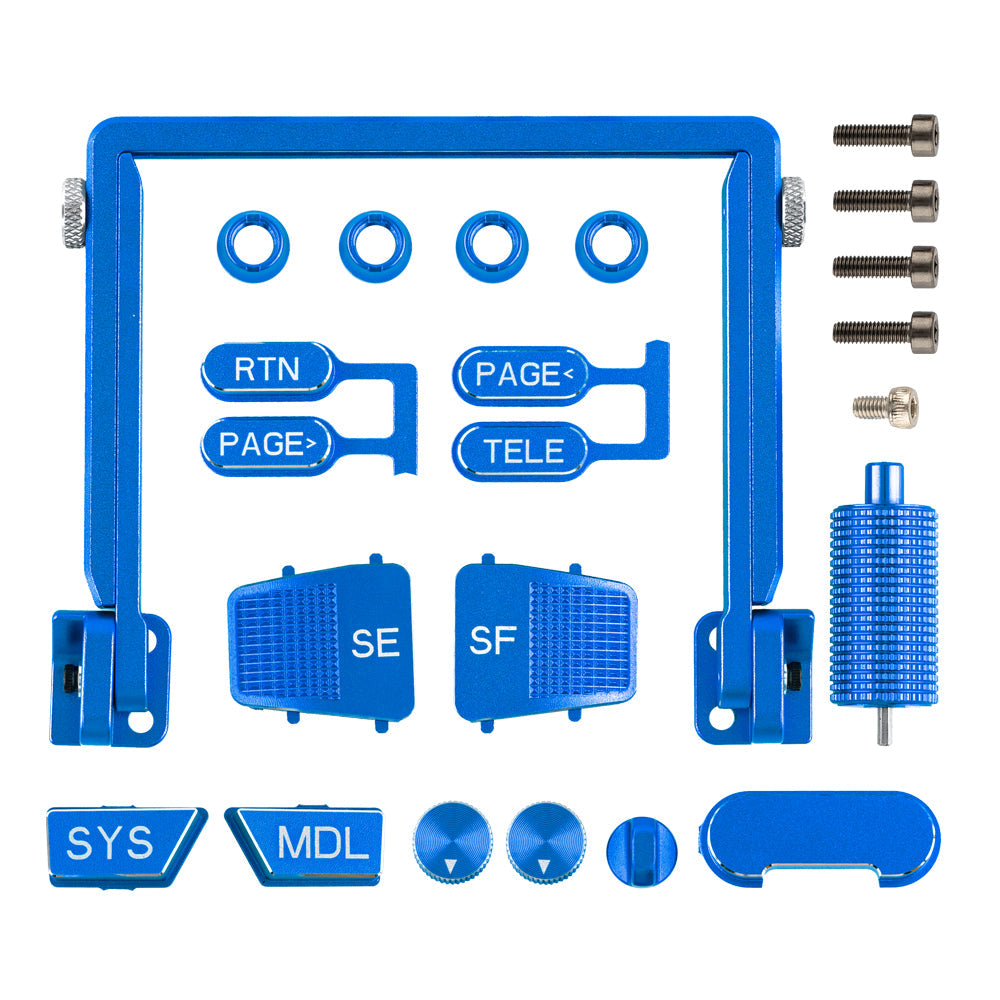 Boxer CNC Upgrade Parts Set in blue anodized finish with button caps, frame, hardware, and rotary knob