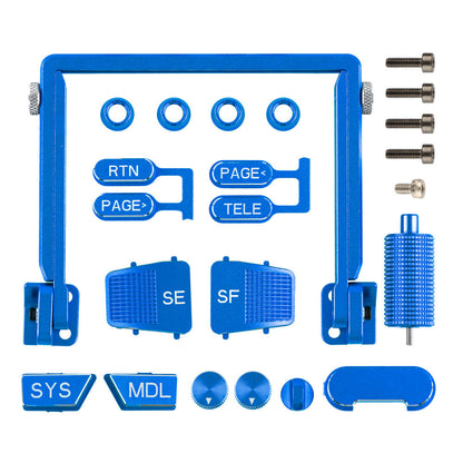 Boxer CNC Upgrade Parts Set in blue anodized finish with button caps, frame, hardware, and rotary knob