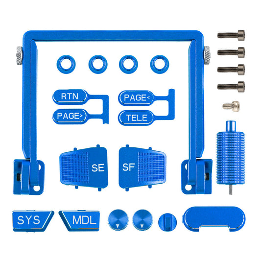 Boxer CNC Upgrade Parts Set in blue anodized finish with button caps, frame, hardware, and rotary knob