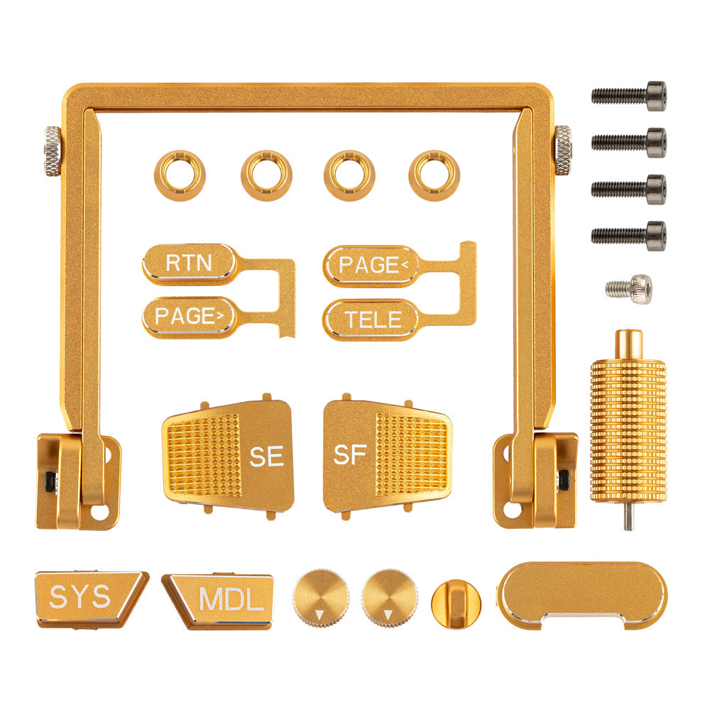 Gold anodized CNC upgrade parts kit layout with frame bracket, button caps, thumb paddles, knob, and screws