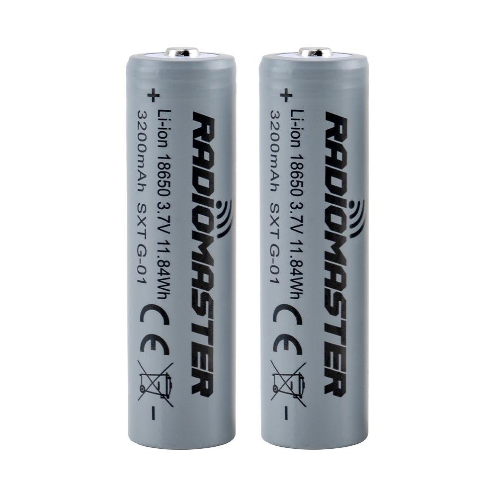 RadioMaster 18650 3200mAh 3.7V batteries, two-pack upright with printed capacity and safety icons