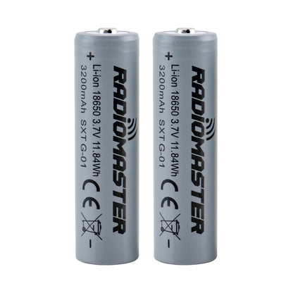 RadioMaster 18650 3200mAh 3.7V batteries, two-pack upright with printed capacity and safety icons