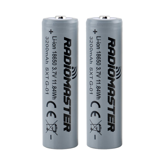 RadioMaster 18650 3200mAh 3.7V batteries, two-pack upright with printed capacity and safety icons