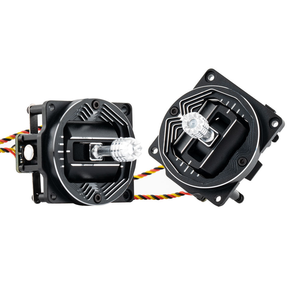 Pair of AG01 NANO CNC Hall effect gimbals in angled view showing stick ends and mounting plates