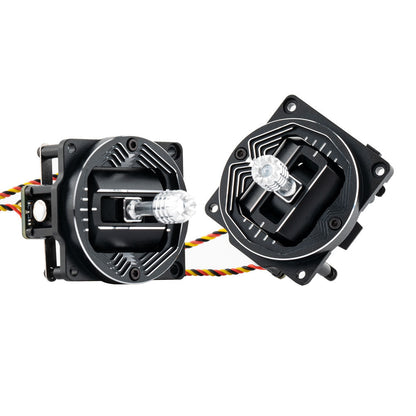 Pair of AG01 NANO CNC Hall effect gimbals in angled view showing stick ends and mounting plates
