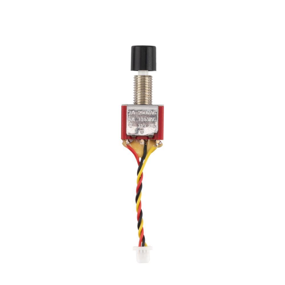 GX12 push-button toggle switch rear view showing threaded mount, solder lugs, and twisted 3-wire lead