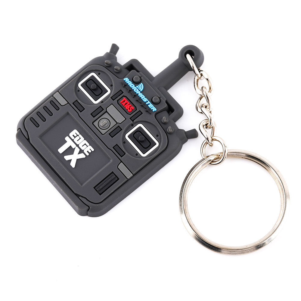 Angled view of TX16S transmitter-style key chain with large metal key ring and short chain
