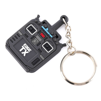 Angled view of TX16S transmitter-style key chain with large metal key ring and short chain