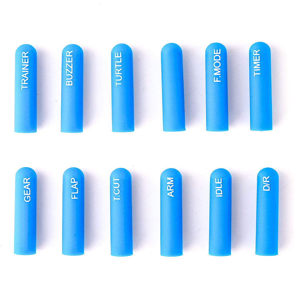 RadioMaster 12pcs Labeled Silicone Switch Cover set, long style, blue caps with printed switch labels