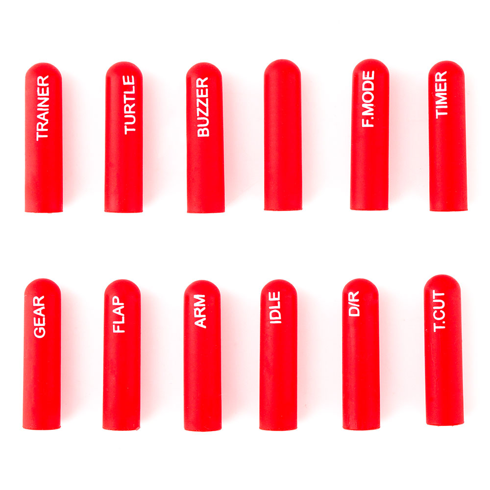 Red long silicone switch cover set, 12 labeled caps (TRAINER, TURTLE, BUZZER, TIMER, GEAR, ARM, D/R)