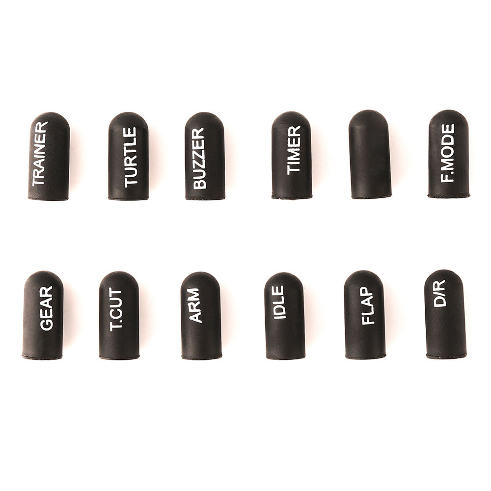 Black short labeled silicone switch cover set, 12 dome caps with white text labels
