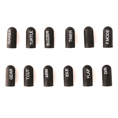 Black short labeled silicone switch cover set, 12 dome caps with white text labels