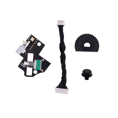 RadioMaster GX12 radio shoulder switch PCB kit with wiring harness, gear wheel insert, and button cap