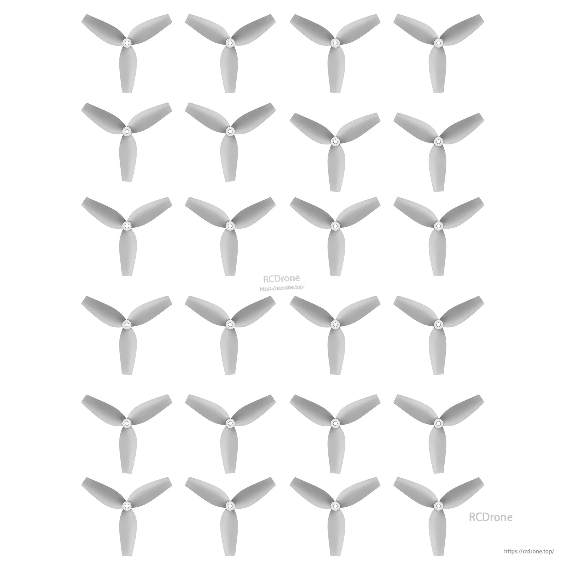 HQ 40MMX3 40mm 3-Blade Propeller, Set of grey HQ 40mm 3-blade micro drone propellers laid out in a grid on a white background