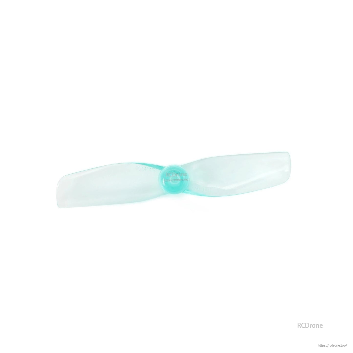 HQ 40mm-2 micro whoop propeller close-up, translucent aqua 2-blade design with center hub