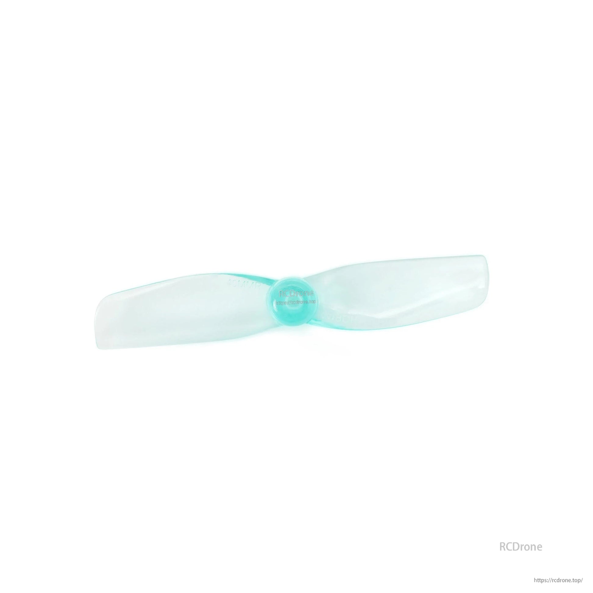 HQ 40mm-2 micro whoop propeller close-up, translucent aqua 2-blade design with center hub