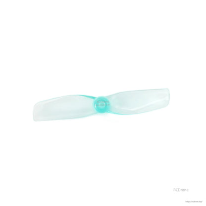 HQ 40mm-2 micro whoop propeller close-up, translucent aqua 2-blade design with center hub