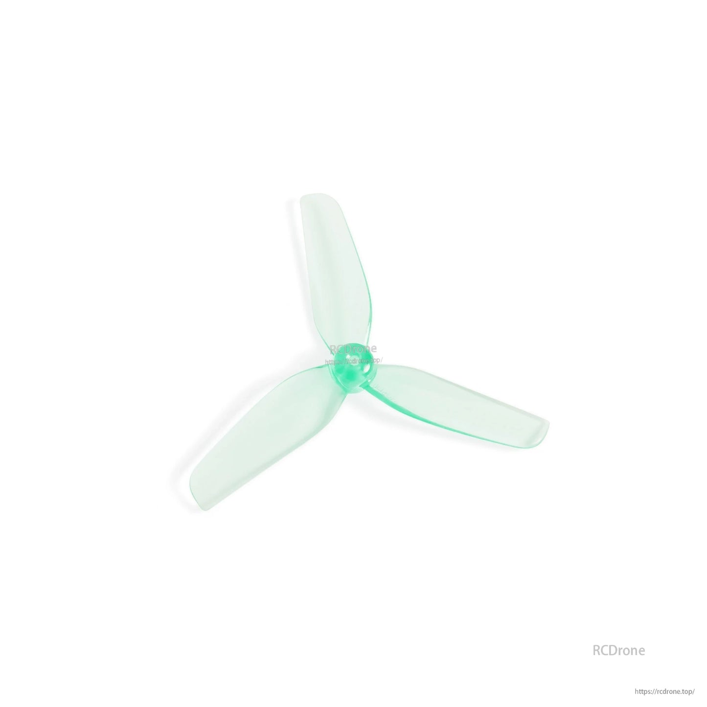 Angled close-up of translucent aquamarine tri-blade propeller showing hub detail and curved blades