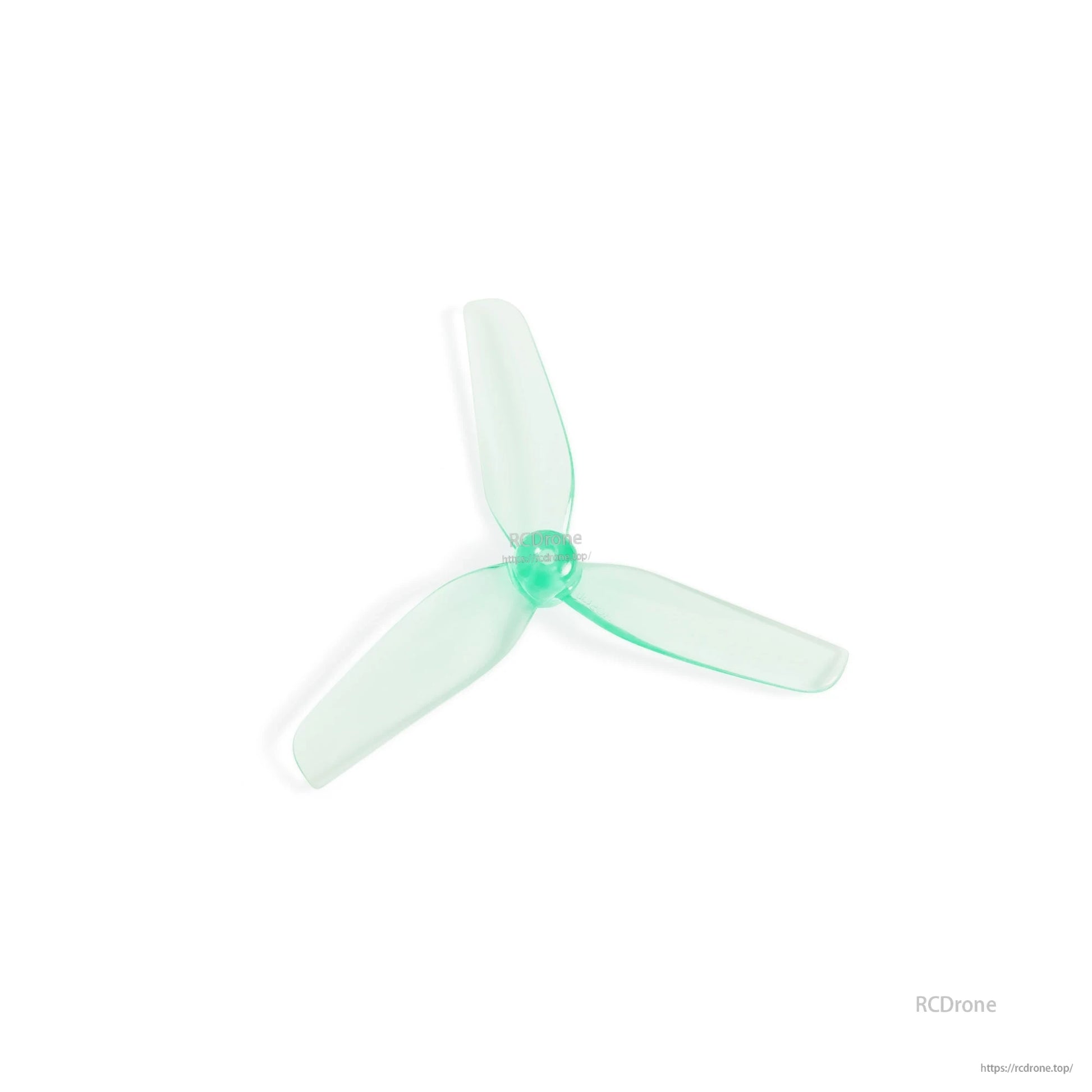 Angled close-up of translucent aquamarine tri-blade propeller showing hub detail and curved blades