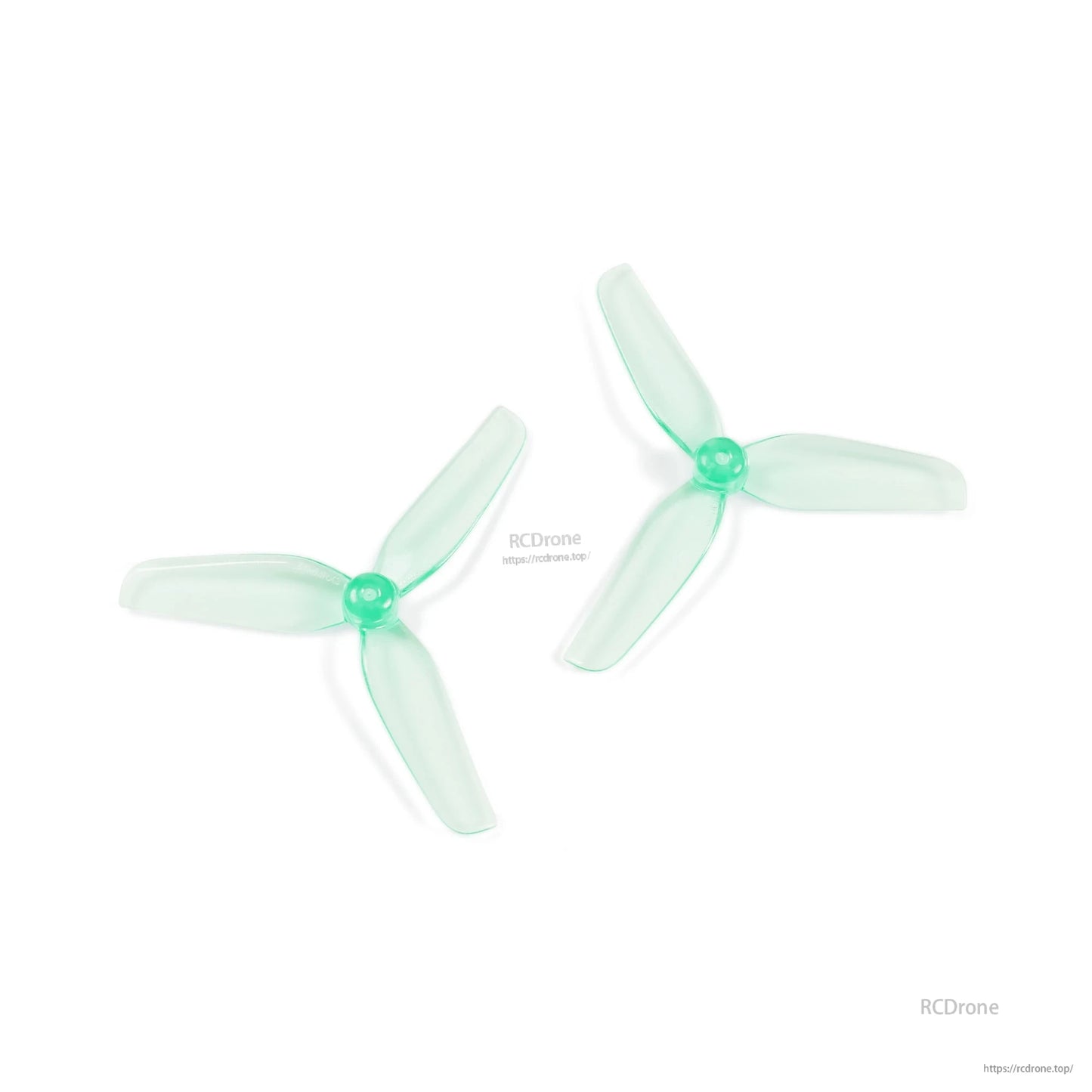 Two translucent aquamarine 3-blade drone propellers shown at angles to display blade profile
