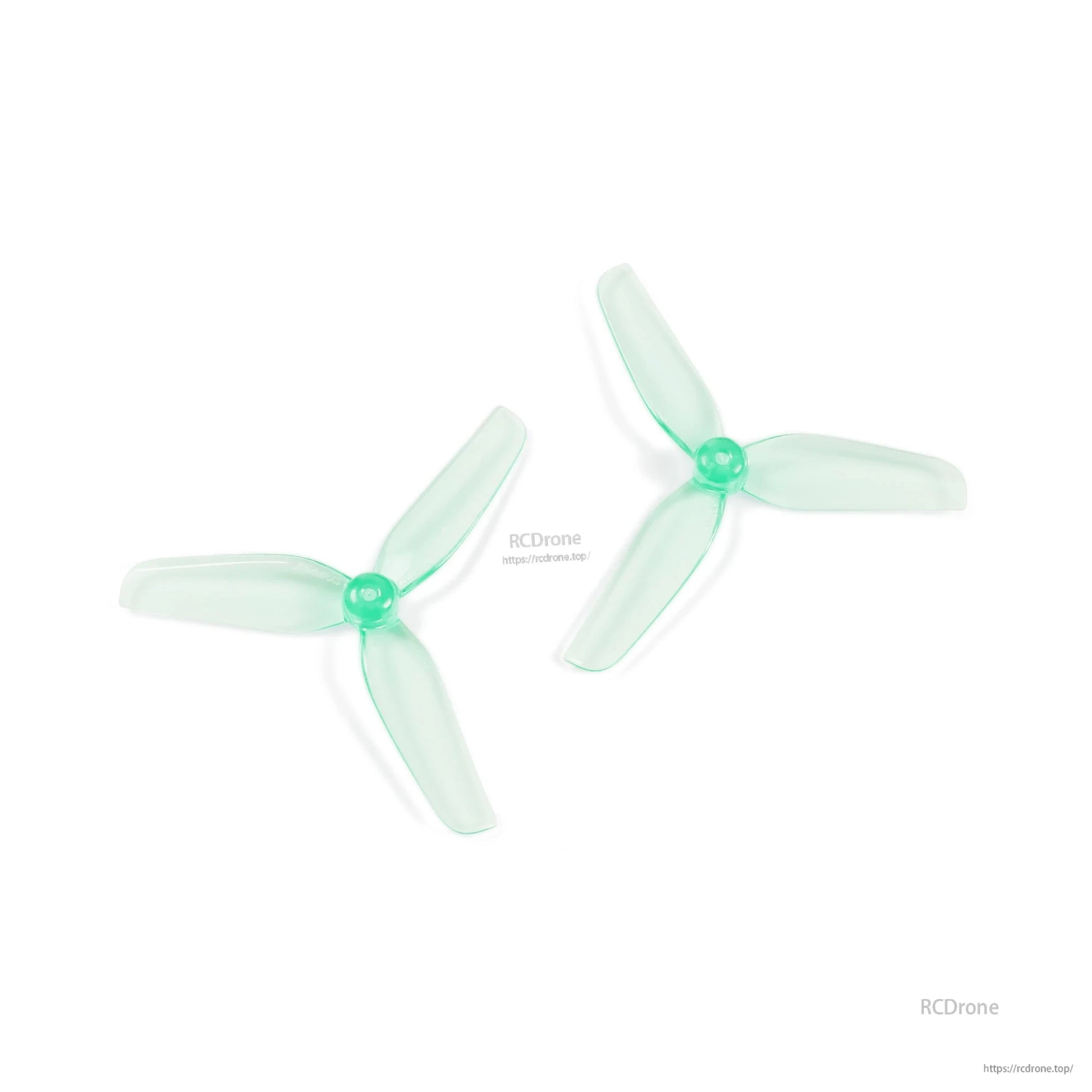 Two translucent aquamarine 3-blade drone propellers shown at angles to display blade profile