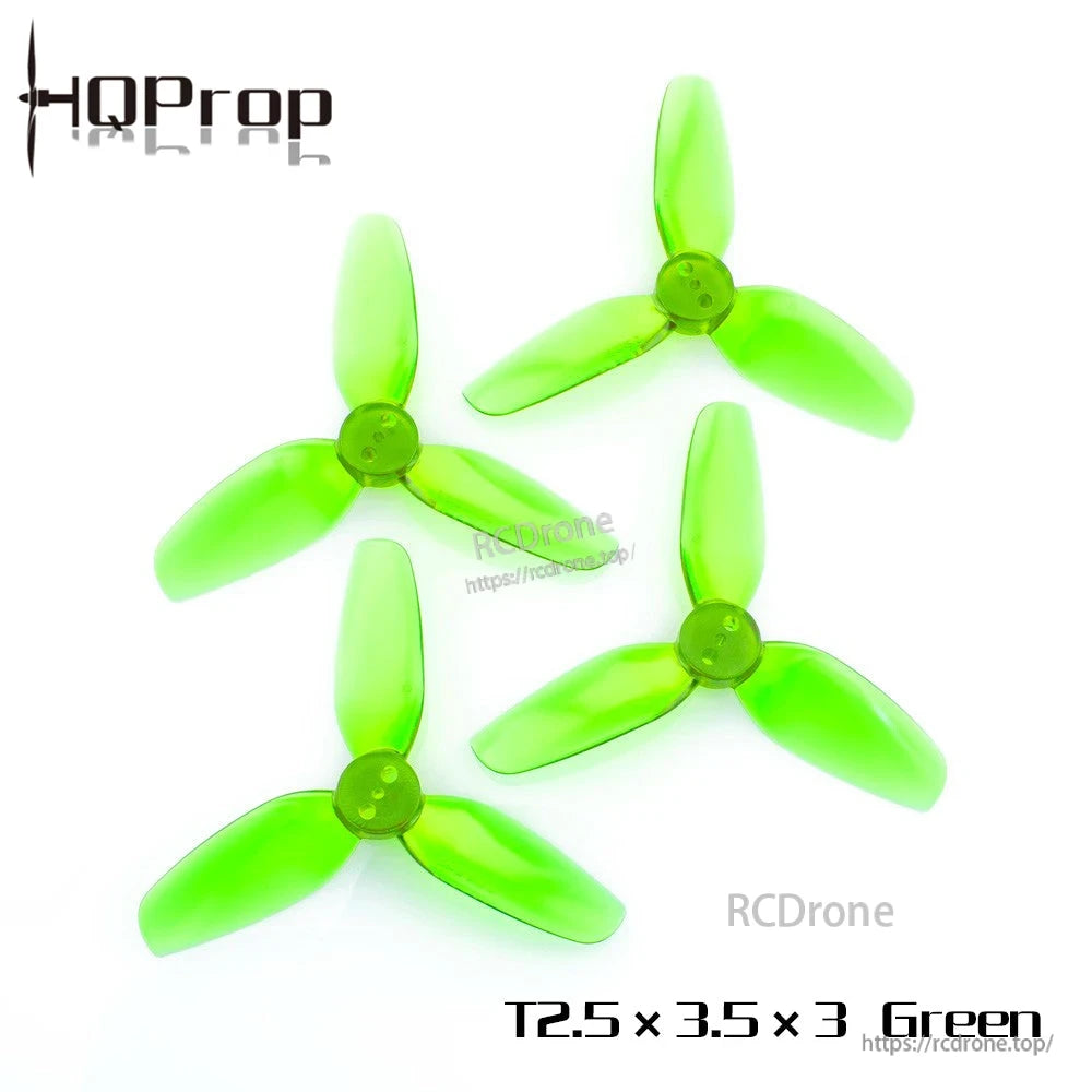 T2.5x3.5x3 green 3-blade propellers, four-piece set shown from top view