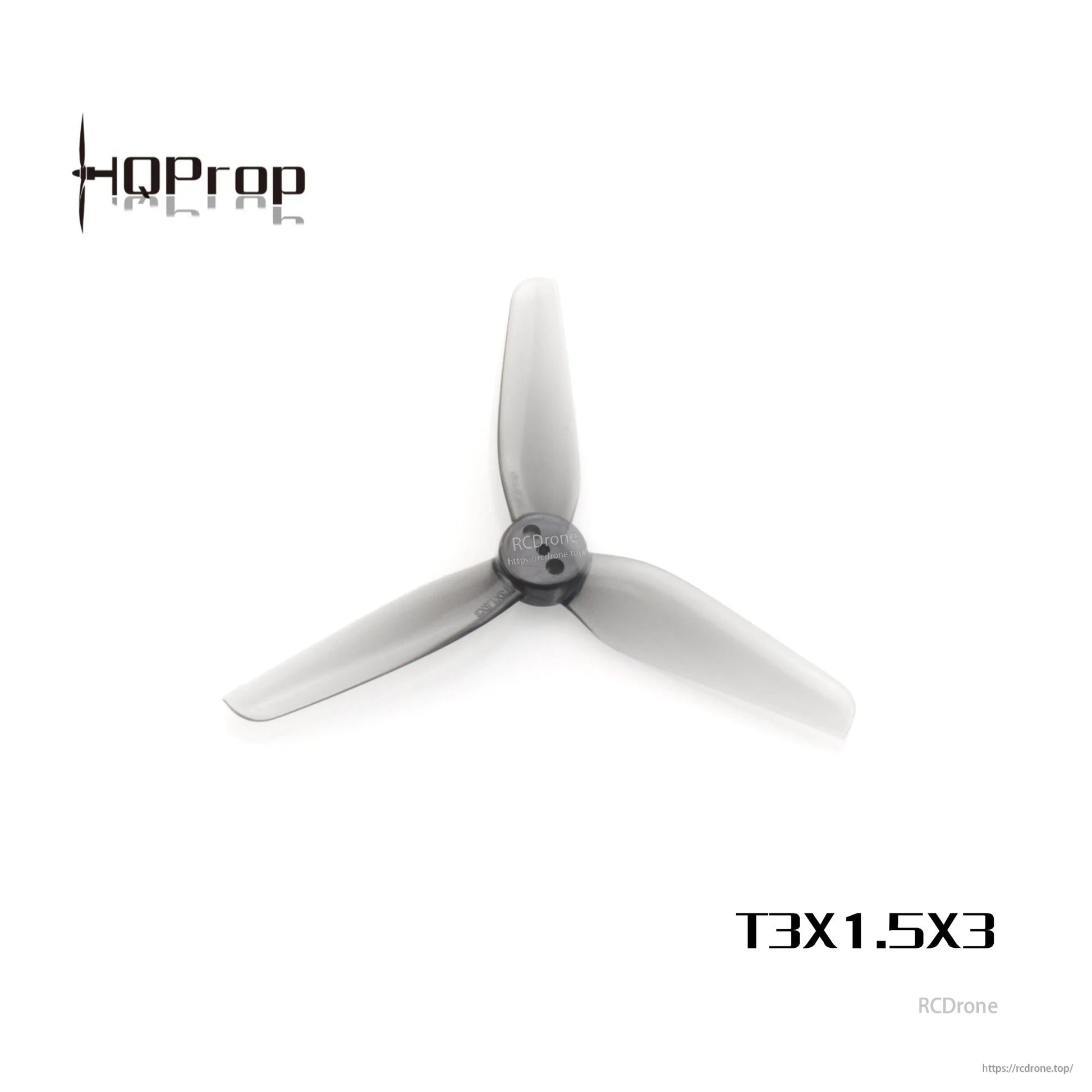 Single grey 3-blade 3-inch propeller shown with T3X1.5X3 label and HQProp logo