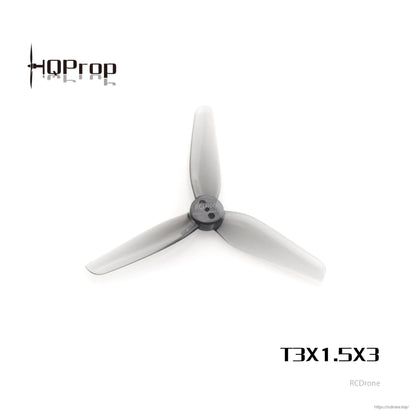 Single grey 3-blade 3-inch propeller shown with T3X1.5X3 label and HQProp logo