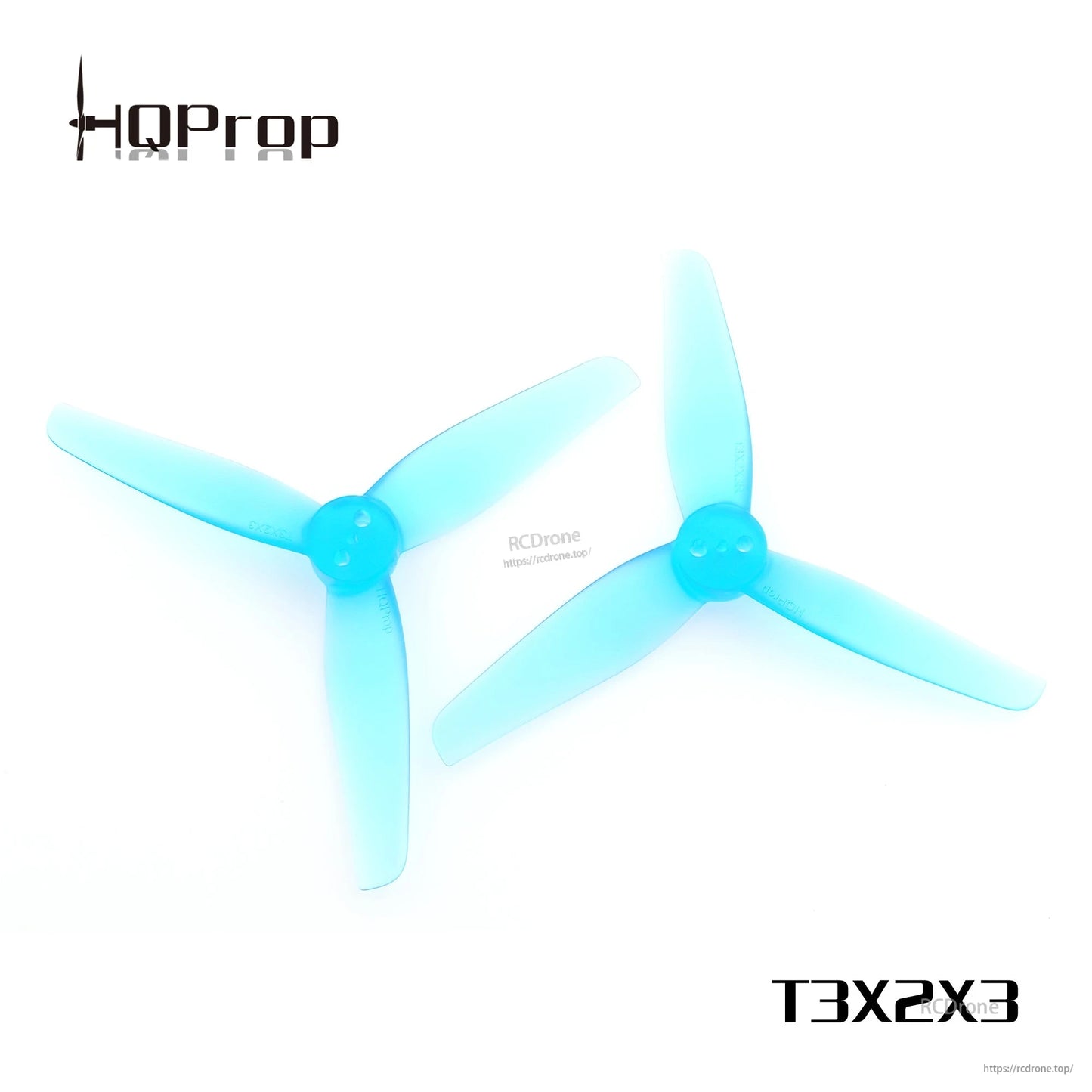 T3X2X3 3-blade 3-inch propellers in translucent blue, two-piece view on white background