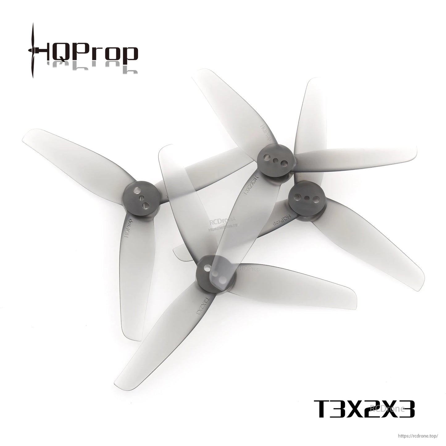HQ Durable Prop T3X2X3 propeller set shown as four 3-blade translucent gray props on white