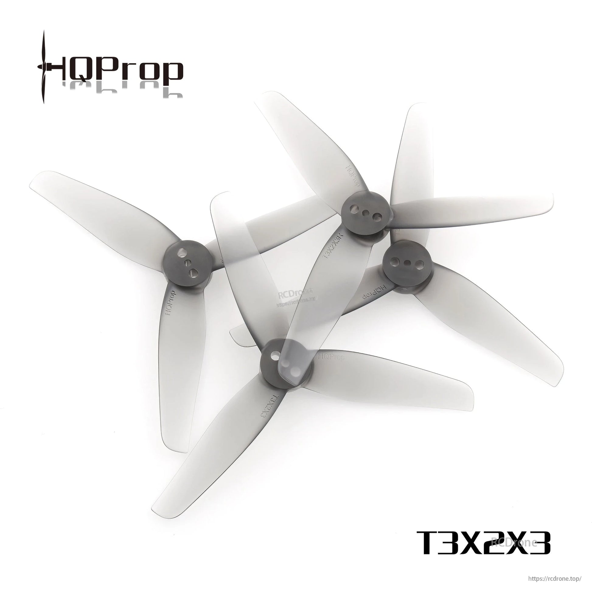 HQ Durable Prop T3X2X3 propeller set shown as four 3-blade translucent gray props on white