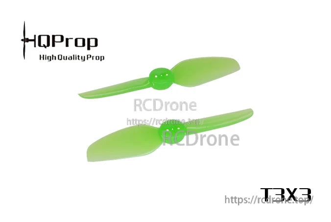 HQProp T3X3 propeller set in bright green, two 3-blade props shown with HQProp branding graphic
