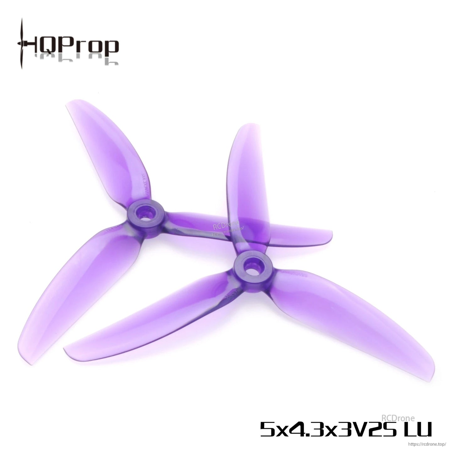 Purple HQProp 5x4.3x3V2S LU 5-inch 3-blade FPV propellers, pair shown