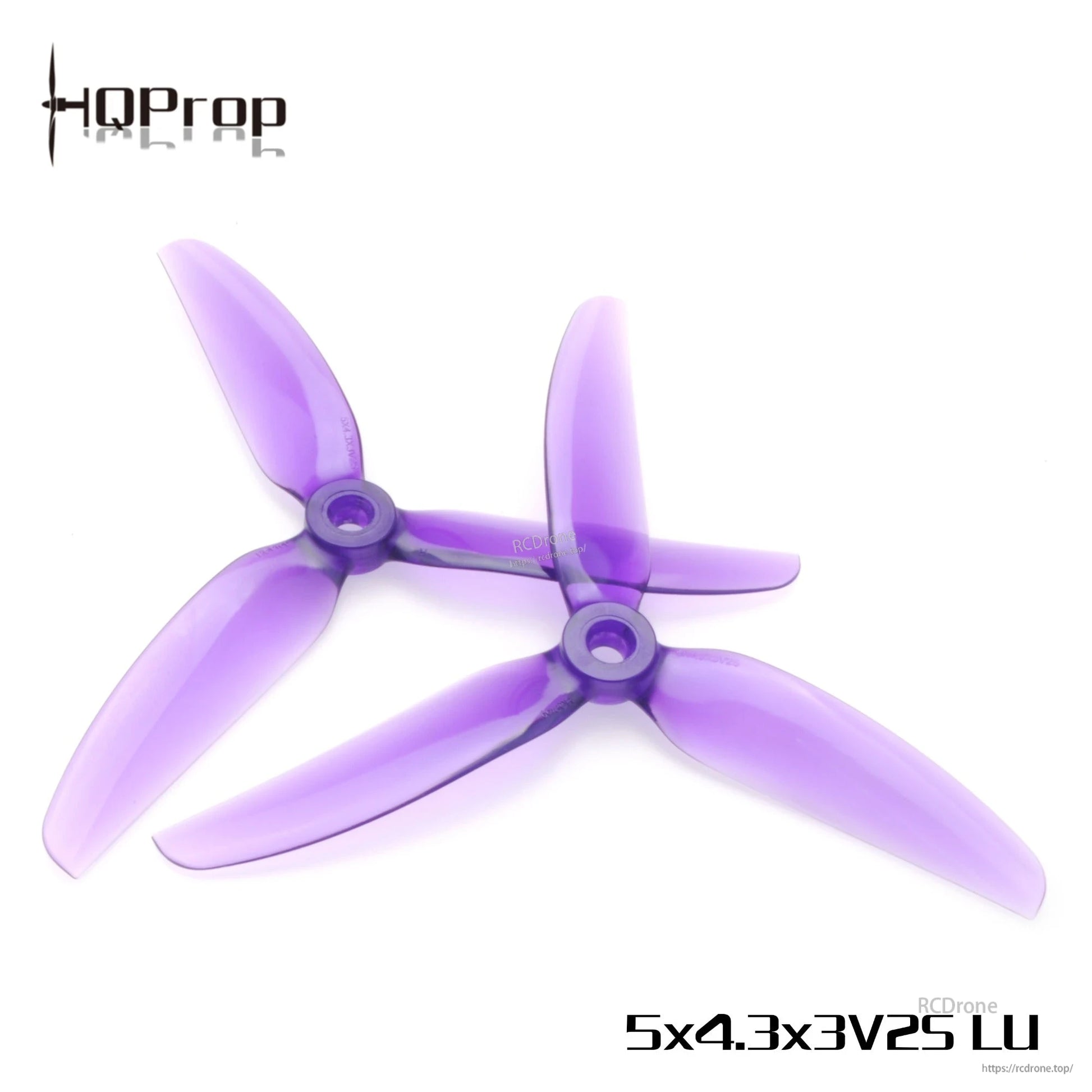 Purple HQProp 5x4.3x3V2S LU 5-inch 3-blade FPV propellers, pair shown