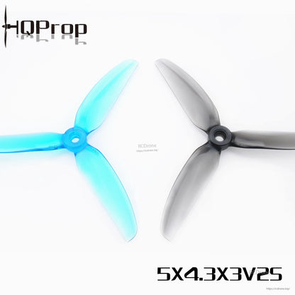 HQProp 5x4.3x3V2S propellers in blue and smoke gray, 3-blade 5-inch props