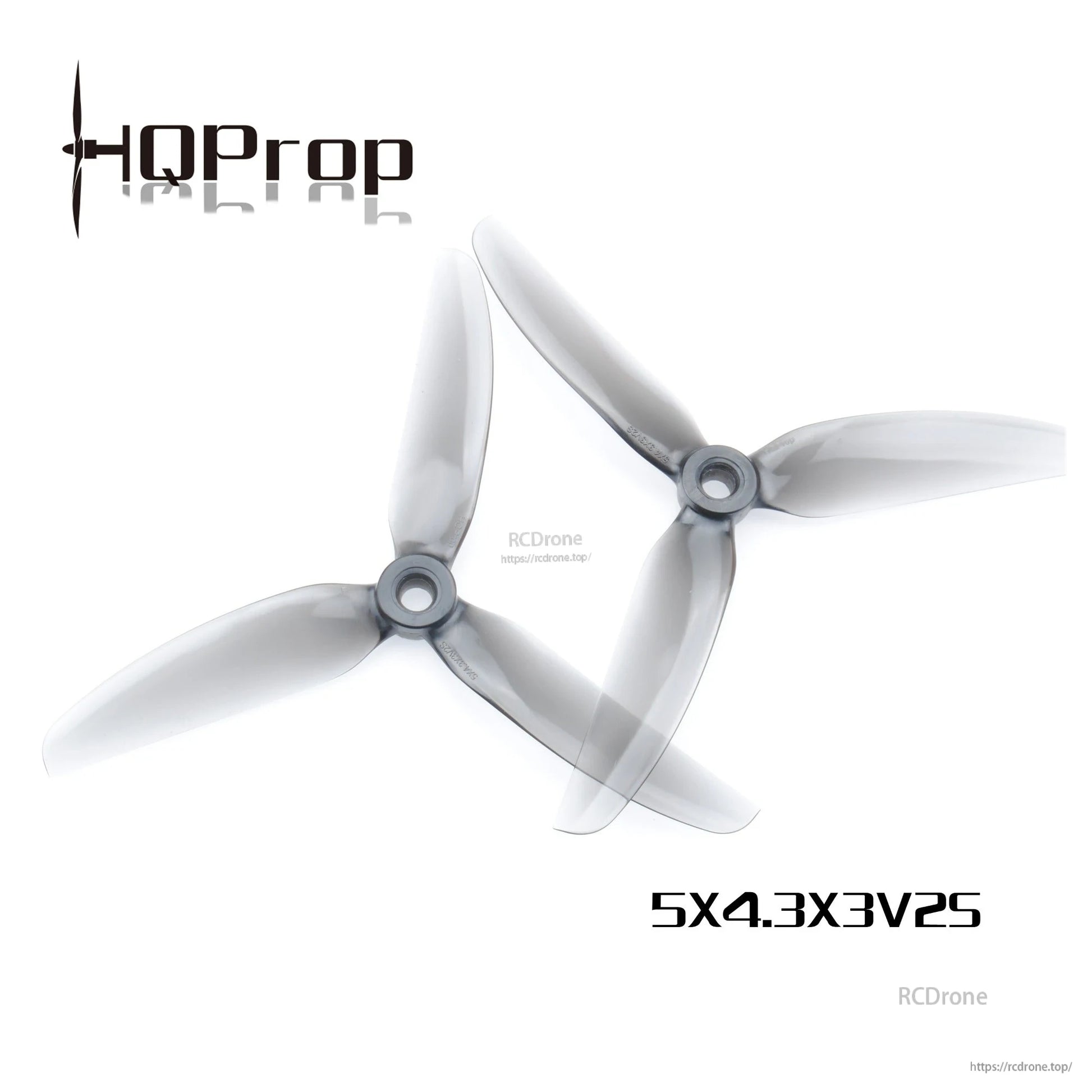 Smoke gray HQProp 5x4.3x3V2S 5-inch 3-blade propellers, two props shown