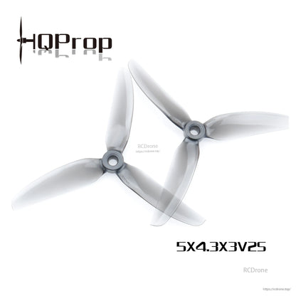 Smoke gray HQProp 5x4.3x3V2S 5-inch 3-blade propellers, two props shown