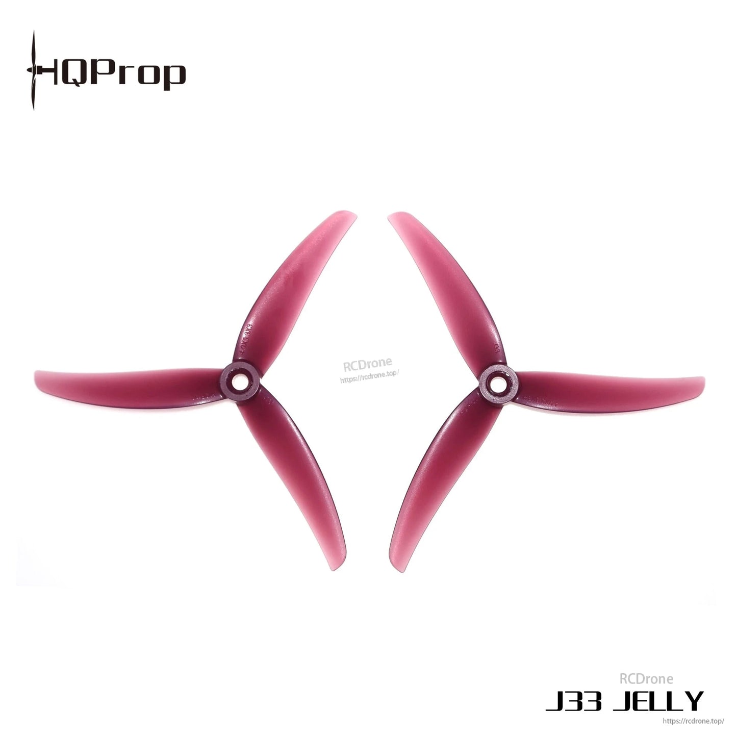 HQProp J33 JELLY red 3-blade propellers, two pieces on white background