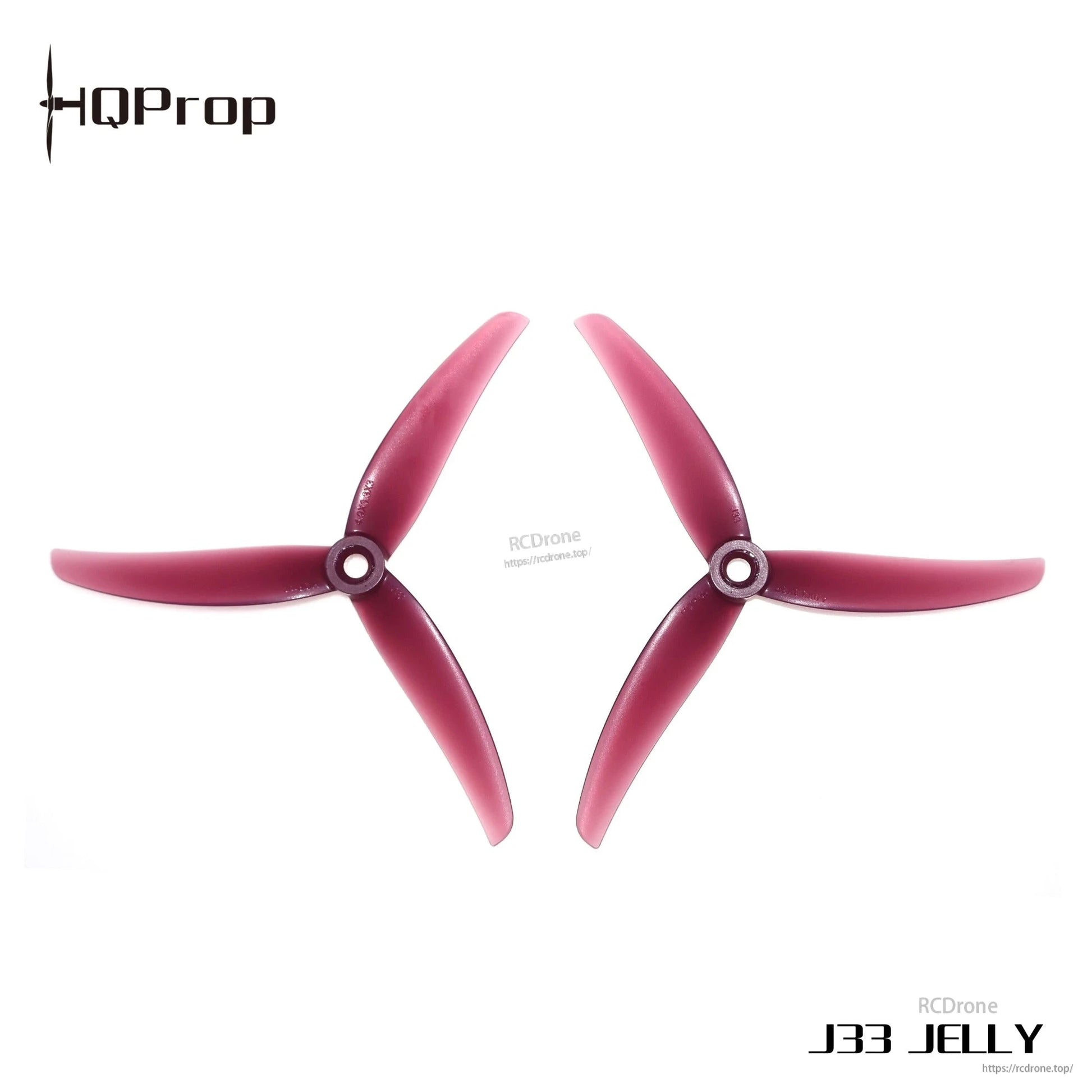 HQProp J33 JELLY red 3-blade propellers, two pieces on white background