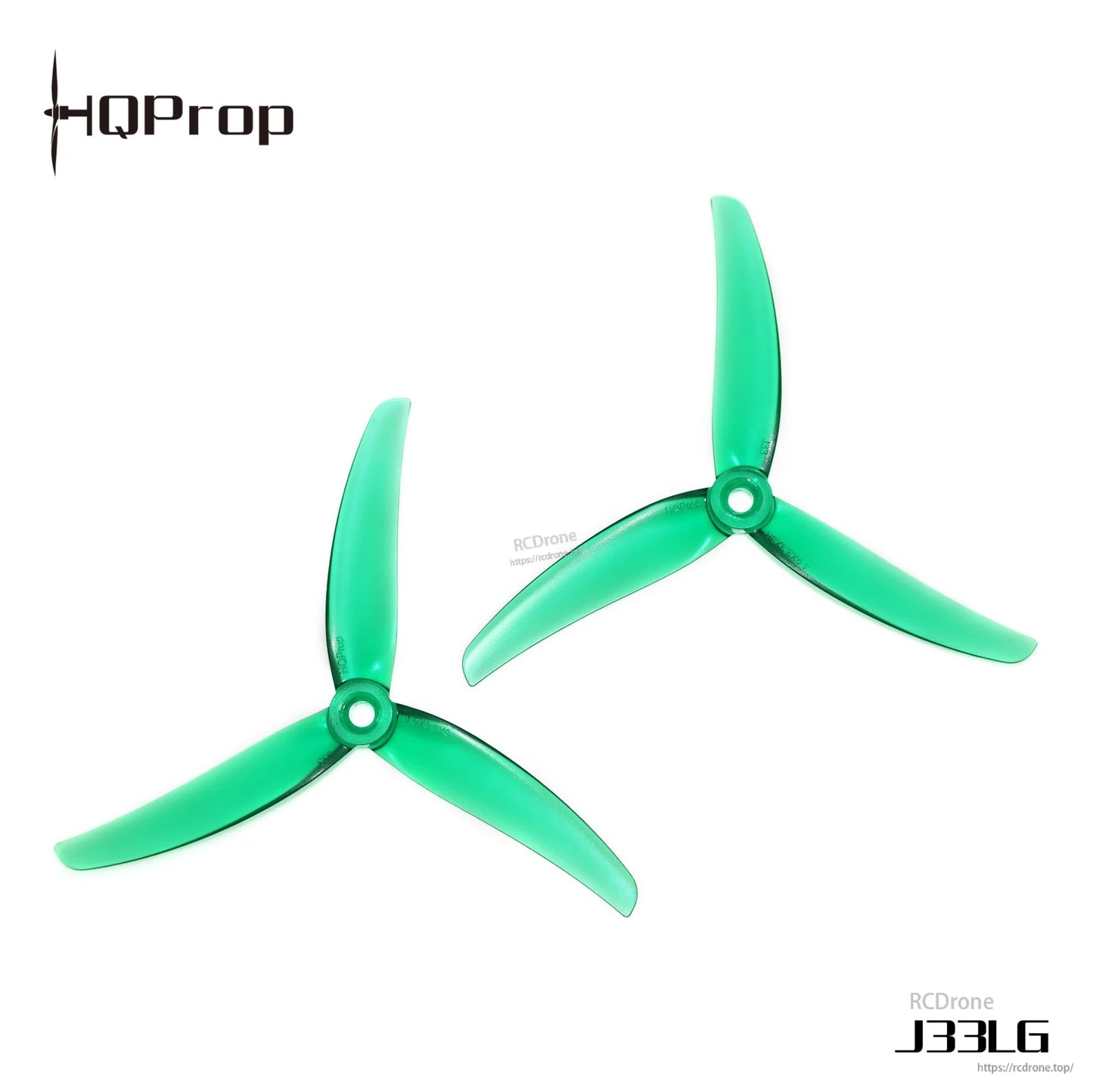 HQProp J33LG green 3-blade propellers, two pieces on white background