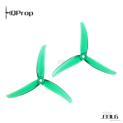 HQProp J33LG green 3-blade propellers, two pieces on white background