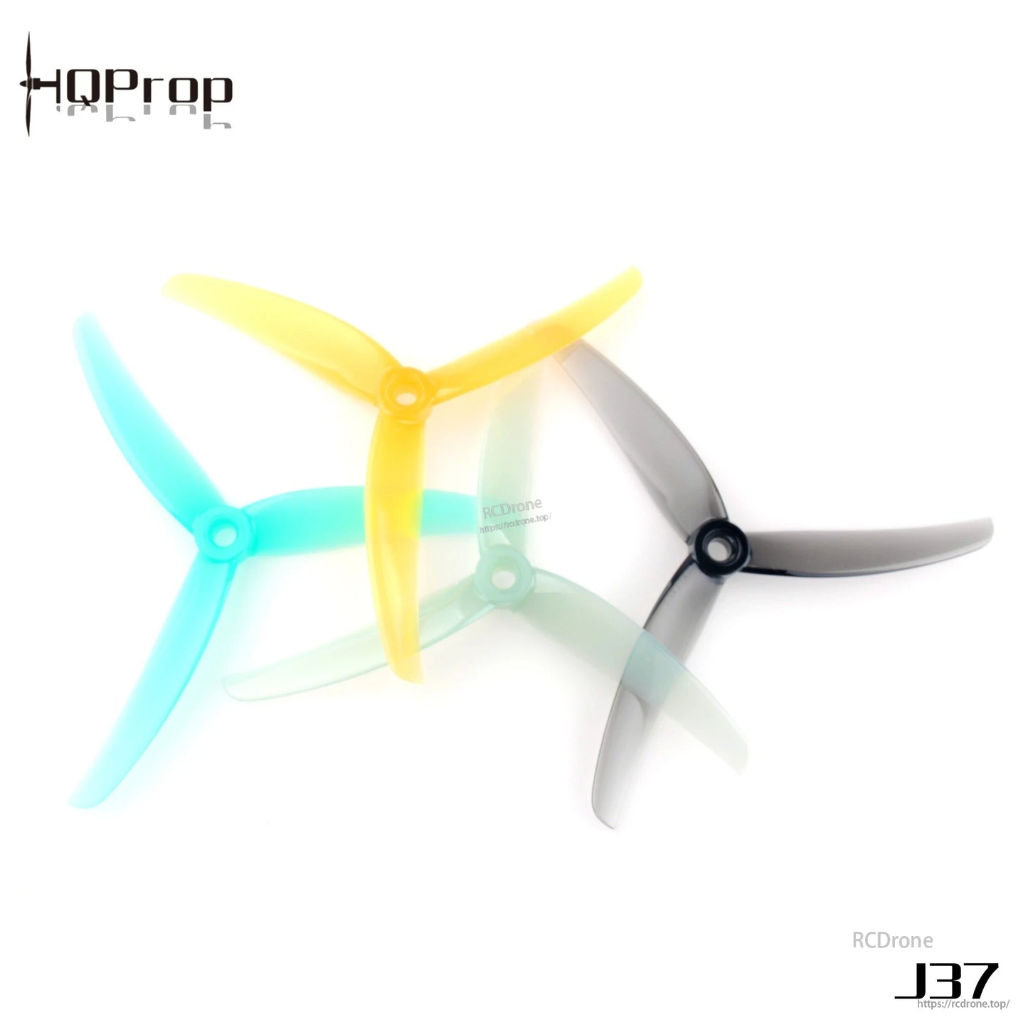 HQ Juicy Prop J37 4.9 inch 3-blade propellers shown in multiple colors including grey