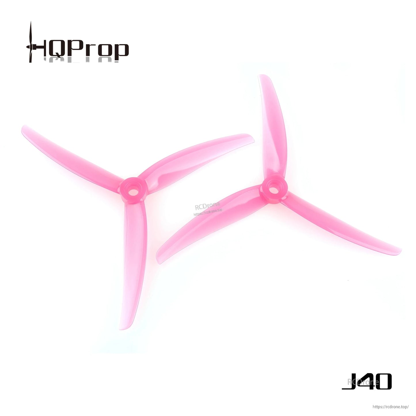 Pink translucent J40 tri-blade propellers, 5mm center hub detail, pair on white background