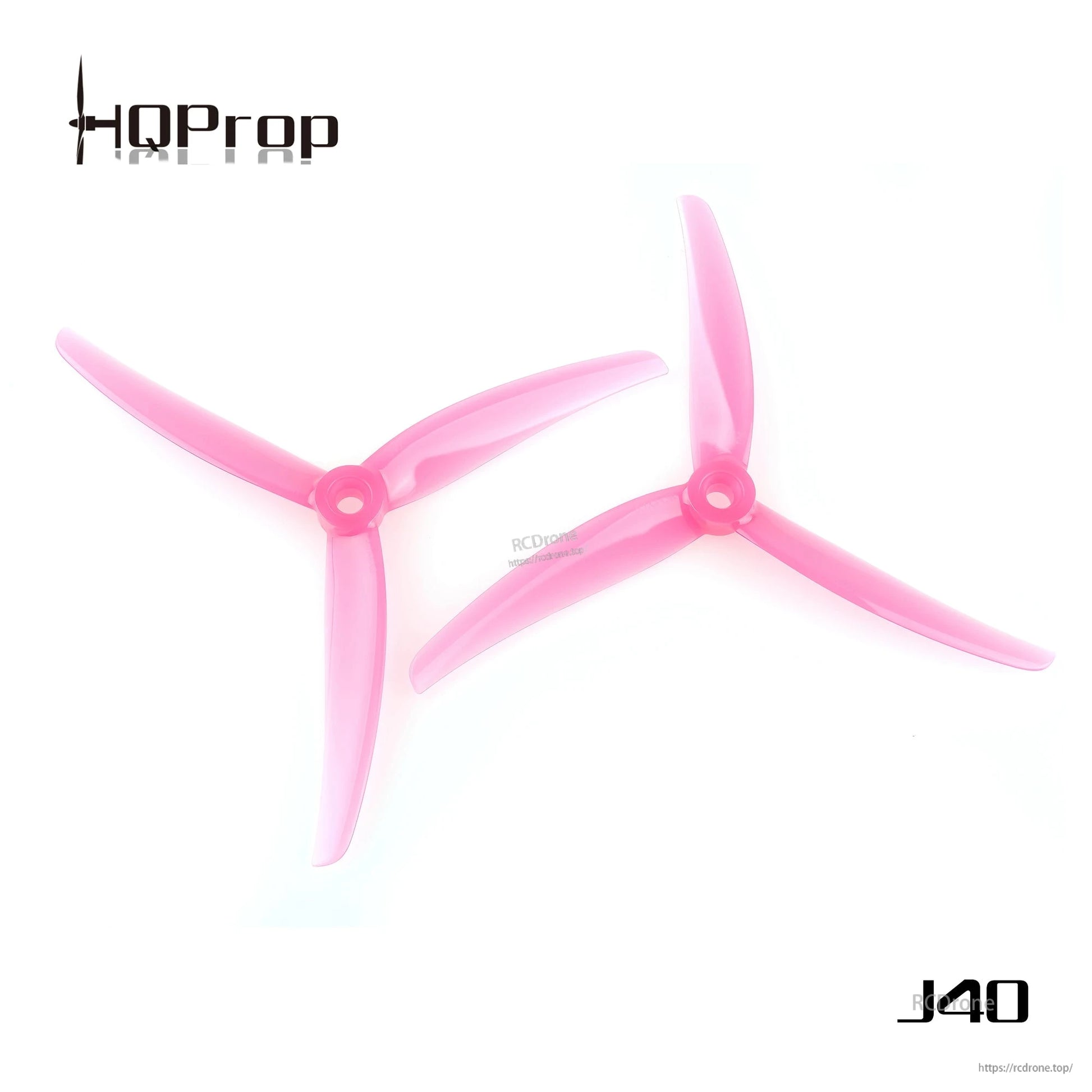 Pink translucent J40 tri-blade propellers, 5mm center hub detail, pair on white background