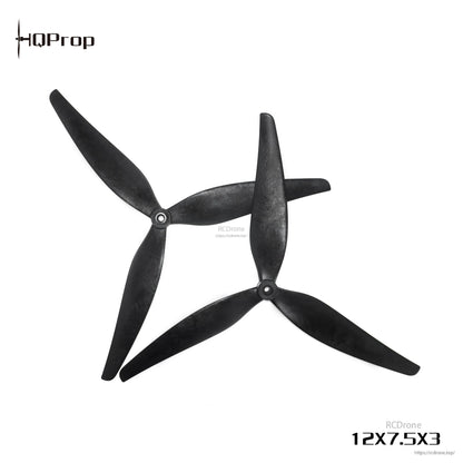 12X7.5X3 tri-blade propeller pair, black finish, alternate studio image with RCdrone watermark