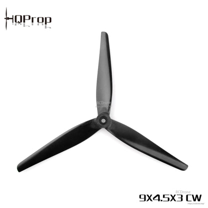 9x4.5x3 CW tri-blade propeller top view, black HQProp design with RCDrone watermark